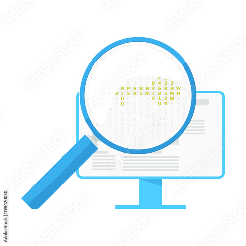 Flat vector illustration design. Can be use for seo, keyword research, web banners or optimalization. Magnifying glass and key.