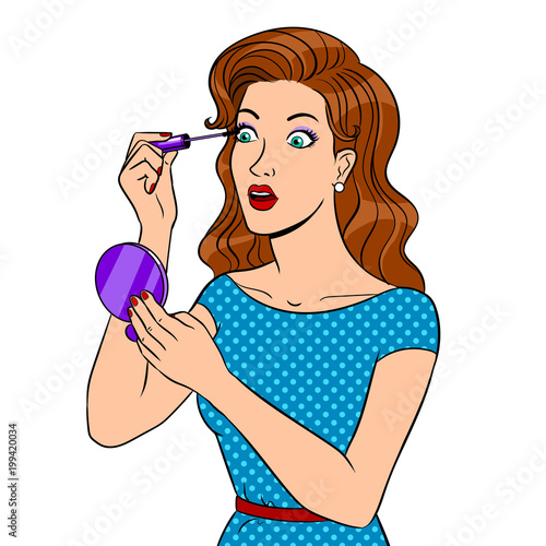 Girl paints eyelashes pop art vector