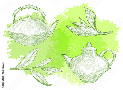 Set of teapots and green tea leaves on watercolor background.
