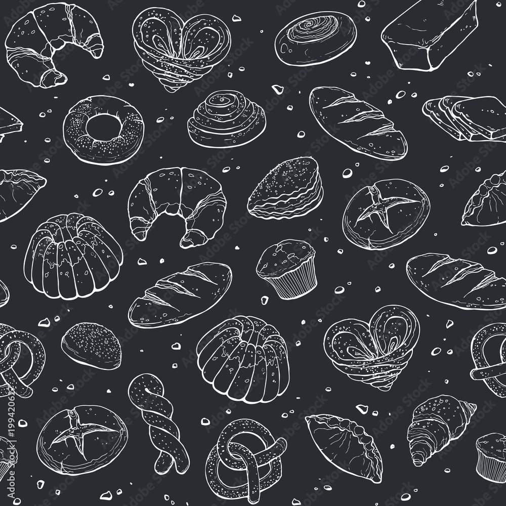Hand drawn bread seamless pattern white on black. Bakery sketch style  vector background. Doodle pasty tiled wallpaper. Stock Vector | Adobe Stock