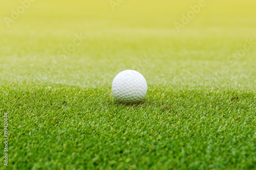 Colorful of White Golf ball on Green field golf course in morning time with soft sunlight.