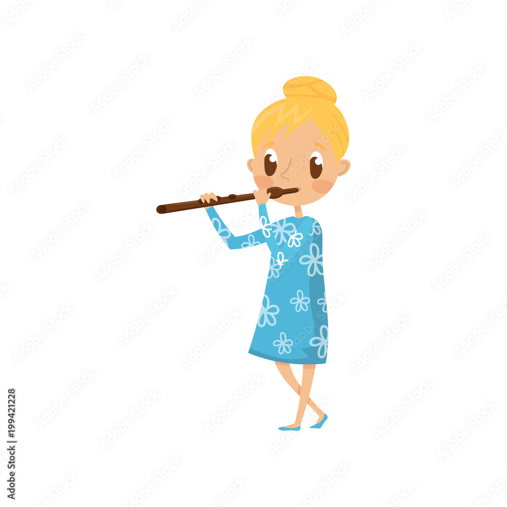 Cute girl playing flute, little musician character with musical instrument cartoon vector Illustration on a white background Cute girl playing flute, little musician character with musical instrument cartoon vector Illustration on a white background