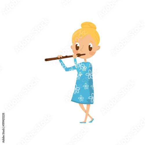 Cute girl playing flute, little musician character with musical instrument cartoon vector Illustration on a white background