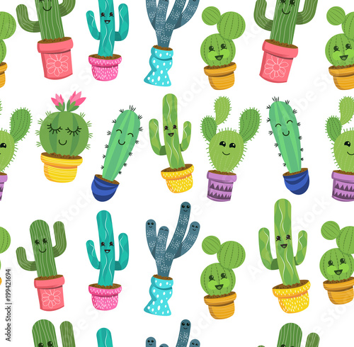A seamless pattern of cute cactus plant characters with smiling faces in colourful pots. Vector illustration.