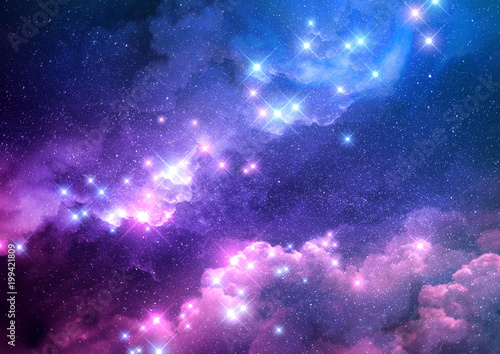Abstract pink and blue galaxy background filled with bright stars. Raster illustration.