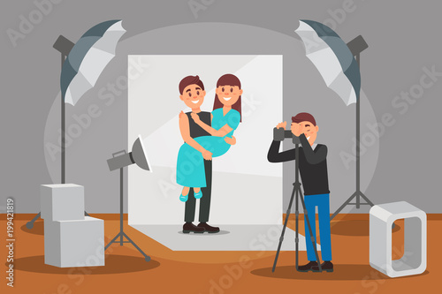 Happy couple in love posing at photo session, photographer making photos, photo studio interior with professional equipment vector Illustratio