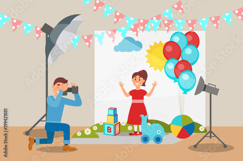 Cute girl in red dress posing at photo session, photographer making photos, photo studio interior with professional equipment vector Illustration