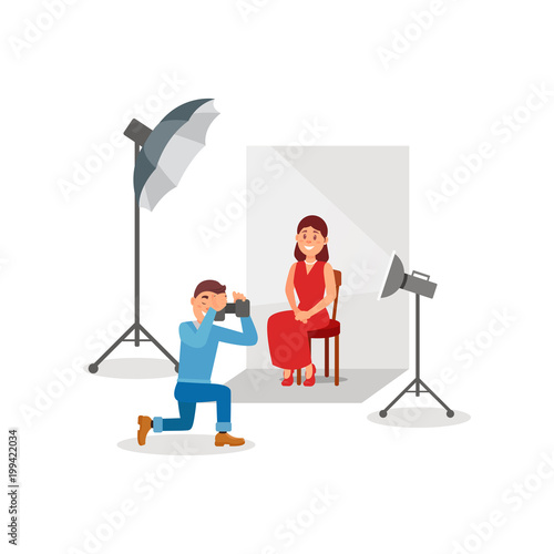 Beautiful woman in red dress posing in photo studio, photographer during shooting, white background, lights and camera vector Illustration