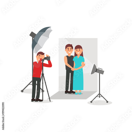 Happy couple in love posing in photo studio, photographer during shooting, white background, lights and camera vector Illustration
