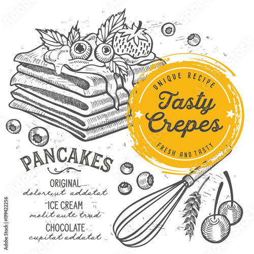 Crepes restaurant menu. Vector pancake food flyer for bar and cafe. Design template with vintage hand-drawn illustrations.