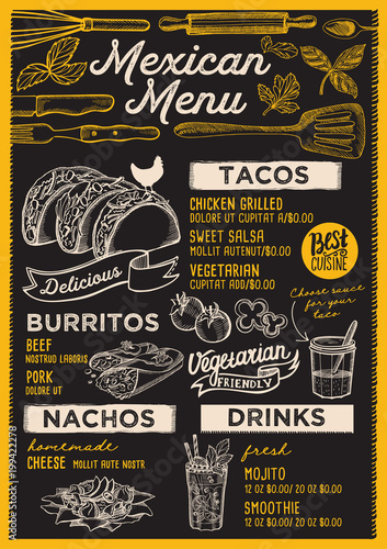 Mexican restaurant menu. Vector food flyer for bar and cafe. Design template with vintage hand-drawn illustrations.