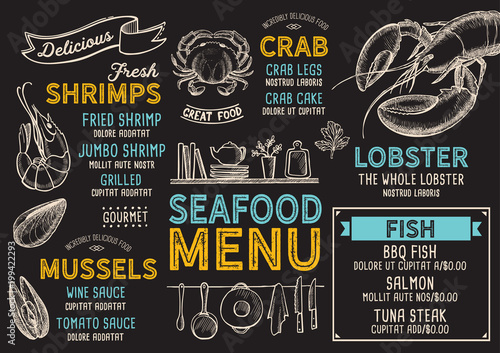Seafood restaurant menu. Vector food flyer for bar and cafe. Design template with vintage hand-drawn illustrations.