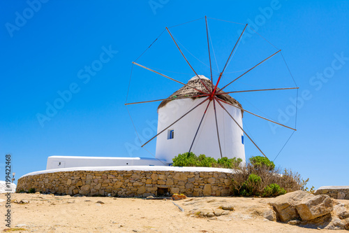 Famous traditional windmill on Mykonos island. The windmills can be seen from every point of the village of Mykonos. Greece