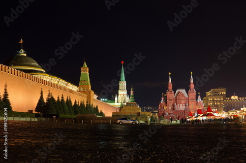 Moscow  Russia - January 10  2018  Evening view of Red square  Moscow Kremlin and Historical Museum