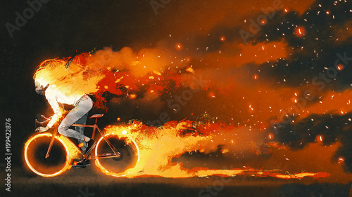 Fototapeta mężczyzna jedzie na rowerze górskim z płonącym ogniem na ciemnym tle, cyfrowy styl sztuki, malarstwo ilustracyjne