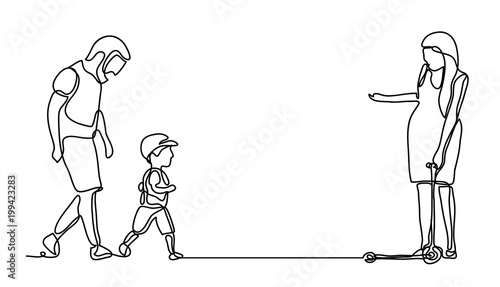 Family Walking in the park. Continuous line drawing. Vector monochrome, drawing by lines. People in the Park. Family concept. Happiness in the Everyday