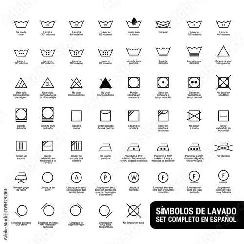 Icon set of laundry symbols, vector illustration print label cloth. Written in spanish.