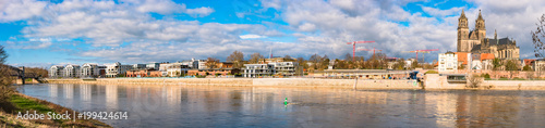 Panoramic view of Elbe, cathedral, old and modern town in Magdeburg