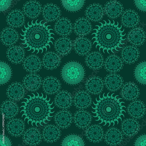 Circle green seamless background. Mosaic pattern and wallpaper design. Islamic, eastern and oriental motif. Vector illustration. EPS 10