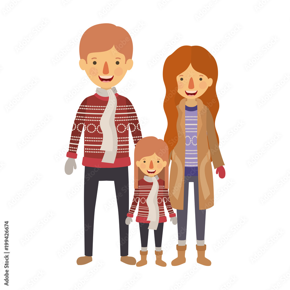 family parents and daughter with winter clothes family parents and daughter with winter clothes