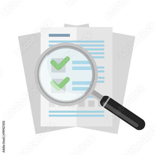 Vector flat magnifier over business documents or agreements isolated on white background