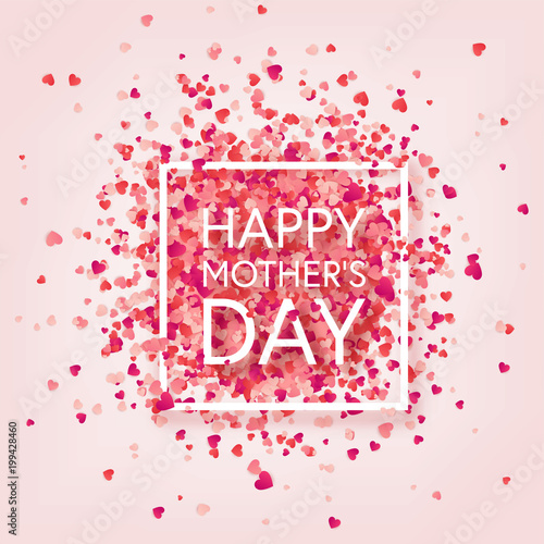 Mothers day background with red hearts. Greeting card, template with lettering. Heart shaped. Holiday. photo