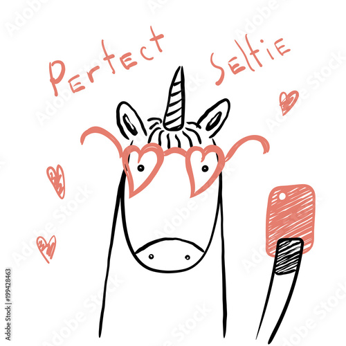 Hand drawn portrait of a cute funny unicorn in glasses with a smart phone, taking selfie. Isolated objects on white background. Line drawing. Vector illustration. Design concept for children print.