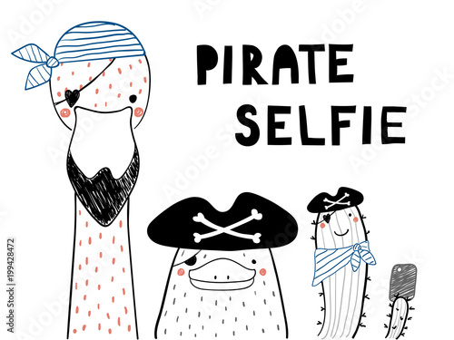 Hand drawn portrait of a cute funny platypus, flamingo, cactus in pirate hats, taking selfie. Isolated objects on white background. Line drawing. Vector illustration. Design concept for children print