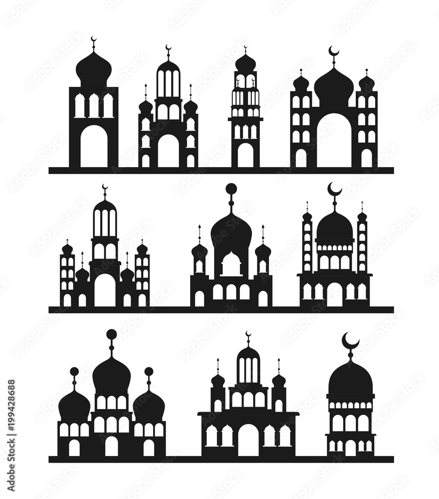 eid mubarak set temples facades monochrome