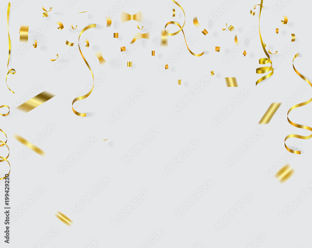 gold confetti and ribbons  on white - obrazy, fototapety, plakaty 