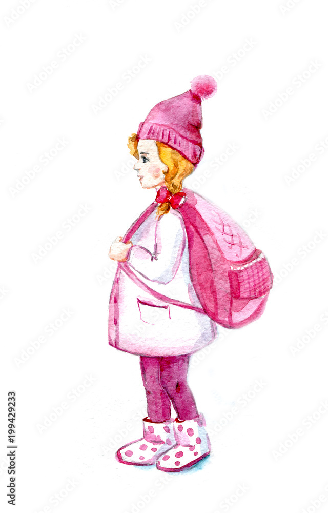 Schoolgirl. A little girl with a big pink backpack. Watercolor