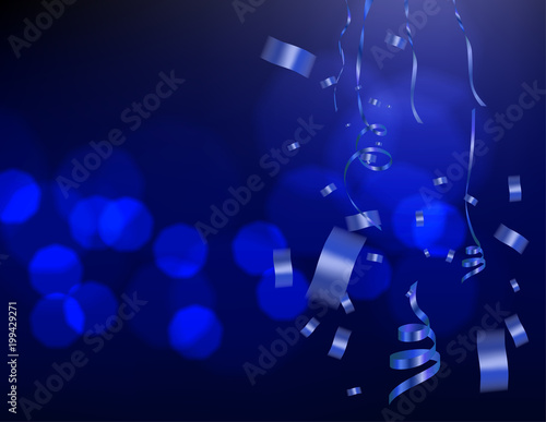 blue celebration background with ribbons and confetti