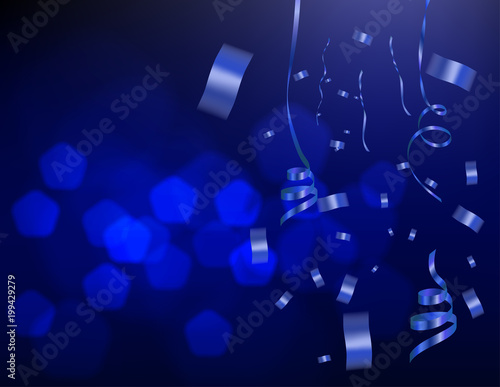 blue celebration background with ribbons and confetti