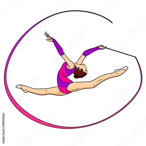 Object on white background rhythmic gymnastics, girl with a ribbon on twine. Color background.