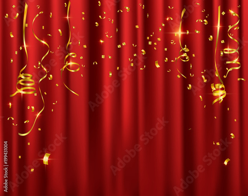 Gold confetti celebration on red curtain