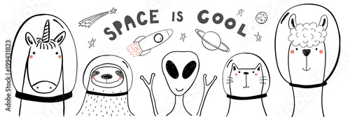 Hand drawn portrait of a cute funny animals in space, with typography. Isolated objects on white background. Line drawing. Vector illustration. Design concept for children print.
