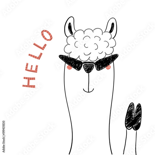 Hand drawn portrait of a cute funny llama in sunglasses, waving, with text Hello. Isolated objects on white background. Line drawing. Vector illustration. Design concept for children print.
