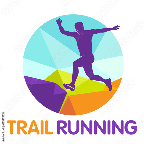 Vector logo silhouette of a runner running forward dynamics power trail marathon mountains jump endurance nature energy