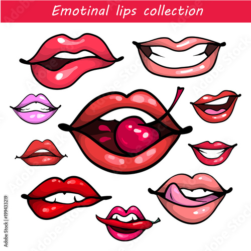 Woman fashion lip gestures set. Girl mouths close up with red and pink lipstick makeup expressing different emotions isolated on white stickers collection
