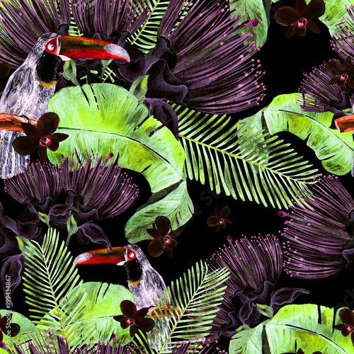 Beautiful watercolor seamless, tropical jungle floral pattern background with...
