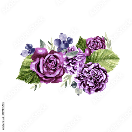 A beautiful watercolor bouquet with roses and peony flowers, eucalyptus and b...