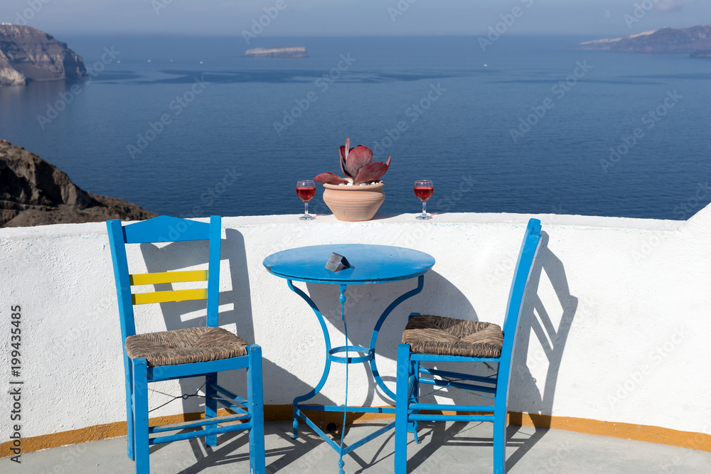Mediterranean terrace with sea view and caldera on Santorini island
