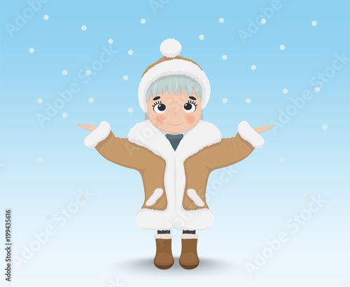Happy Cute little girl outdoors snowing Vector. Cartoon character, winter sno...