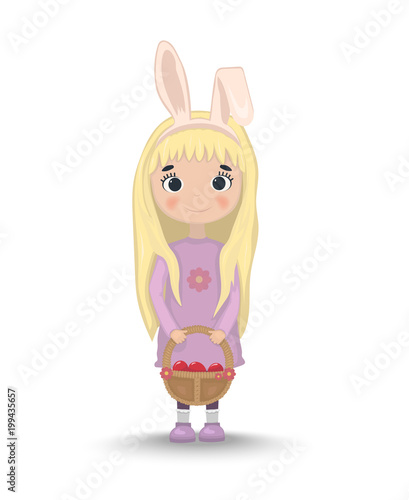 Cute girl egg hunting Vector. Easter rabbit years and eggs basket. Cartoon ch...