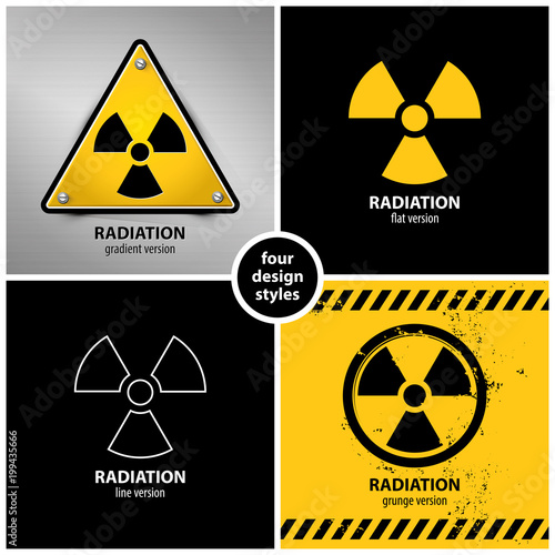 set of radiation warning symbols containing four unique design elements in different variations: gradient, flat, line and grunge style, eps10 vector illustration