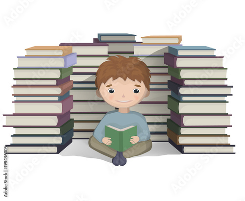 Boy reading a bunch of books Vector. knowledge symbols