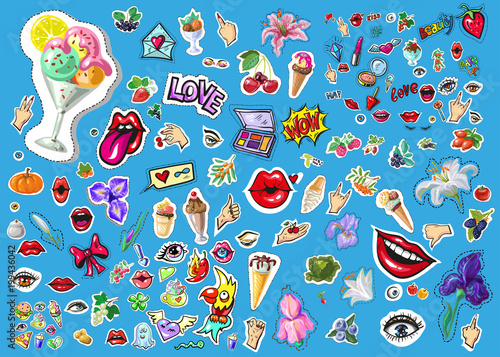 big vector set of cute funny comic cartoon object, eye, sparrow,pizza, dagger and other for apps, books, cards or stickers