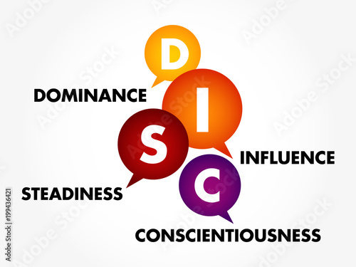 DISC, Dominance, Influence, Steadiness, Conscientiousness, acronym - personal assessment tool to improve work productivity, business and education concept