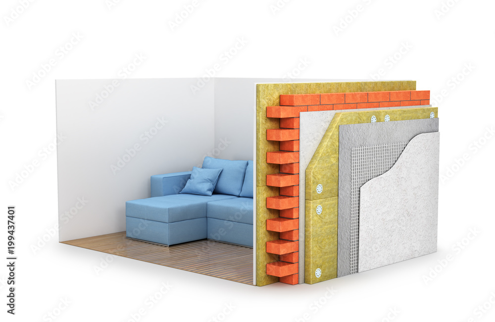 close-up view of the cross-section of the wall. All layers. heat ...