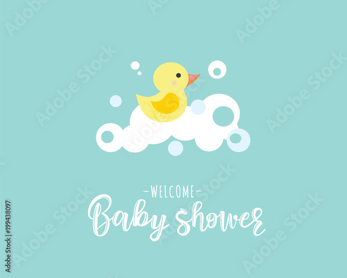 Vector illustration of a baby shower Invitation with a cute yellow duck